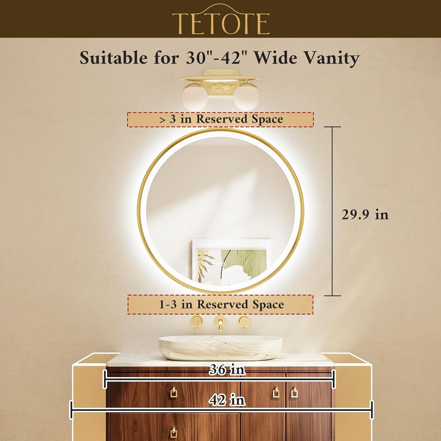 TETOTE Round Led Lighted Bathroom Mirror Matte Black Frame 30 Inch Front and Backlit Circle Round Light up Vanity Mirror with Lights, 3 Color Illuminated Dimmable Anti Fog Wall Mount, IP54 CRI 90+