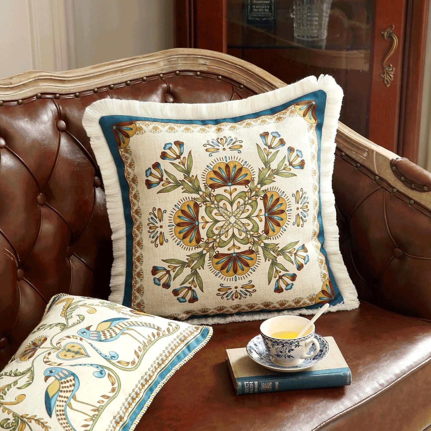 patdrea Designer Square Throw Pillow Covers Set of 2,French Vintage Blue Farmhouse Linen Floral Pattern Pillow Cover,Decorative Pillowcases Cushion for Bed Living Room Outdoor Car,18"x18"