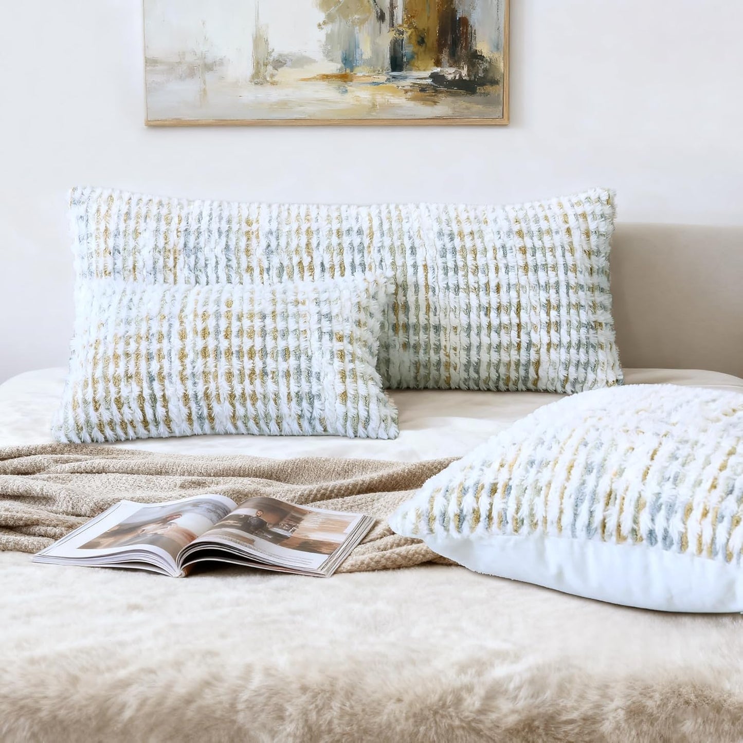 Boho Chenille Tufted Pillow Cover 14x36 Inch Set of 1, Farmhouse Striped Decorative Pillow Covers Accent Fluffy Neutral Long Body Bolster Pillow for Couch Sofa Bedroom Living Room, Gray Khaki