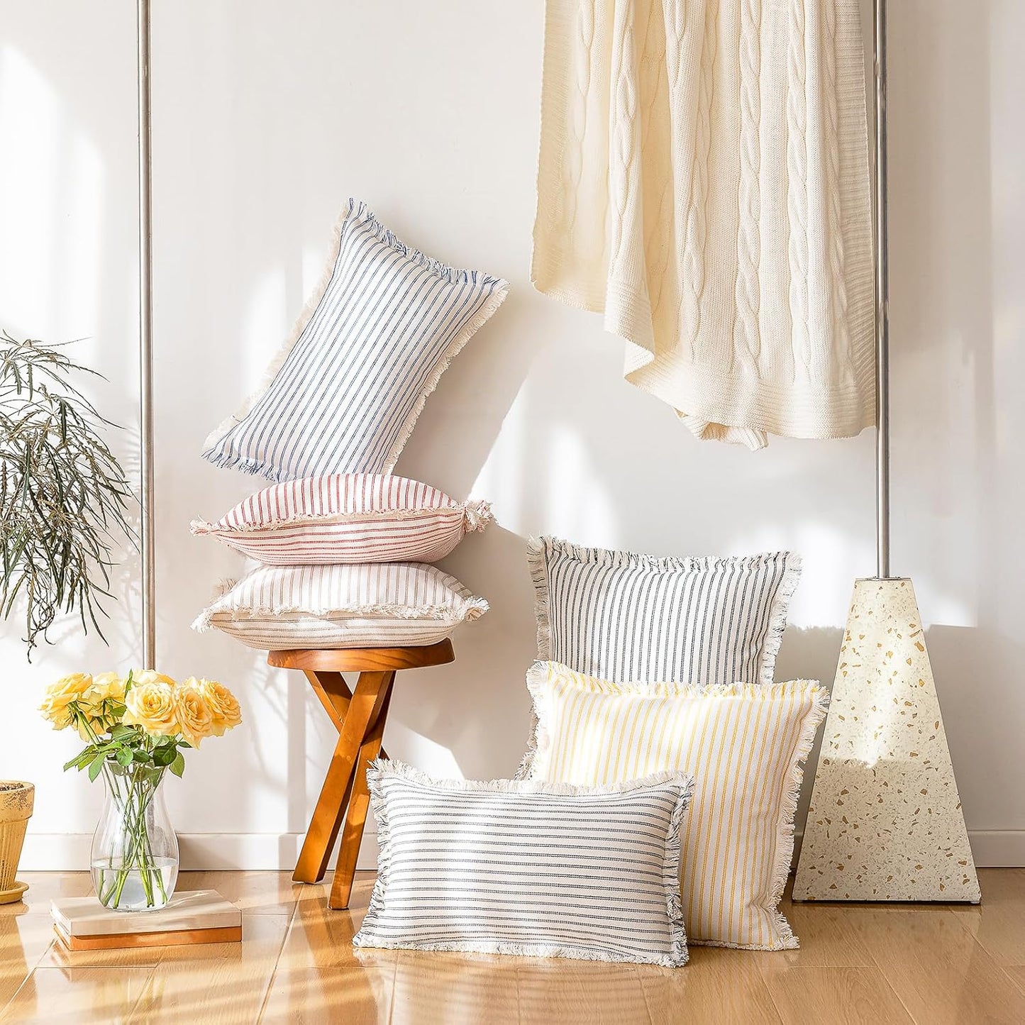 Throw Pillow Covers 26x26 Set of 2 Striped Fringe Pillow Cover Farmhouse Cushion Covers with Tassel Neutral Boho Pillows Decorative Square Pillowcase for Couch Sofa Bed, Red