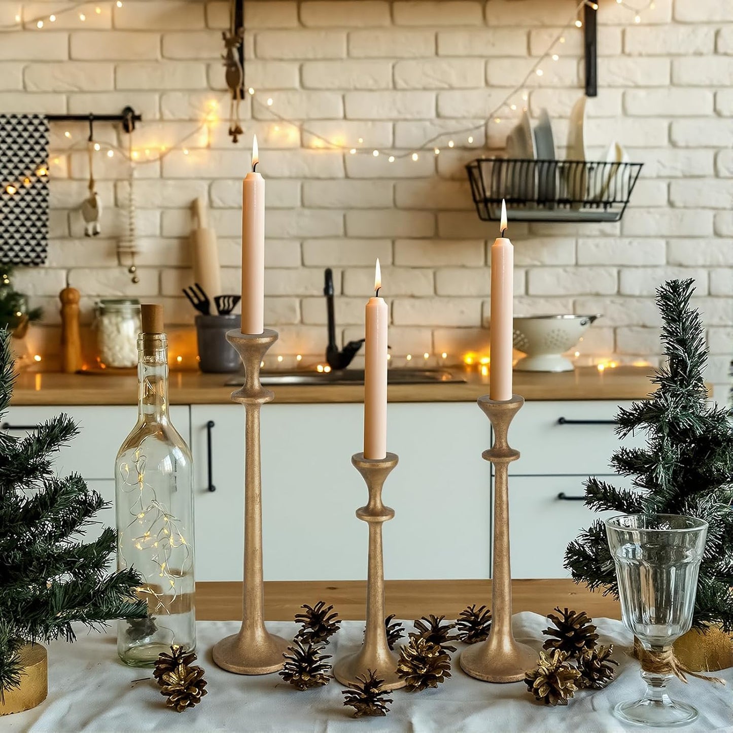 Taper Candle Holders Set of 3 - Short, Medium, Tall Metal Candle Sticks for Dining Table, Home Decor, Wedding Centerpiece Elegant Gift for Hosts, Homeowners & Event Planners (Antique Brass)