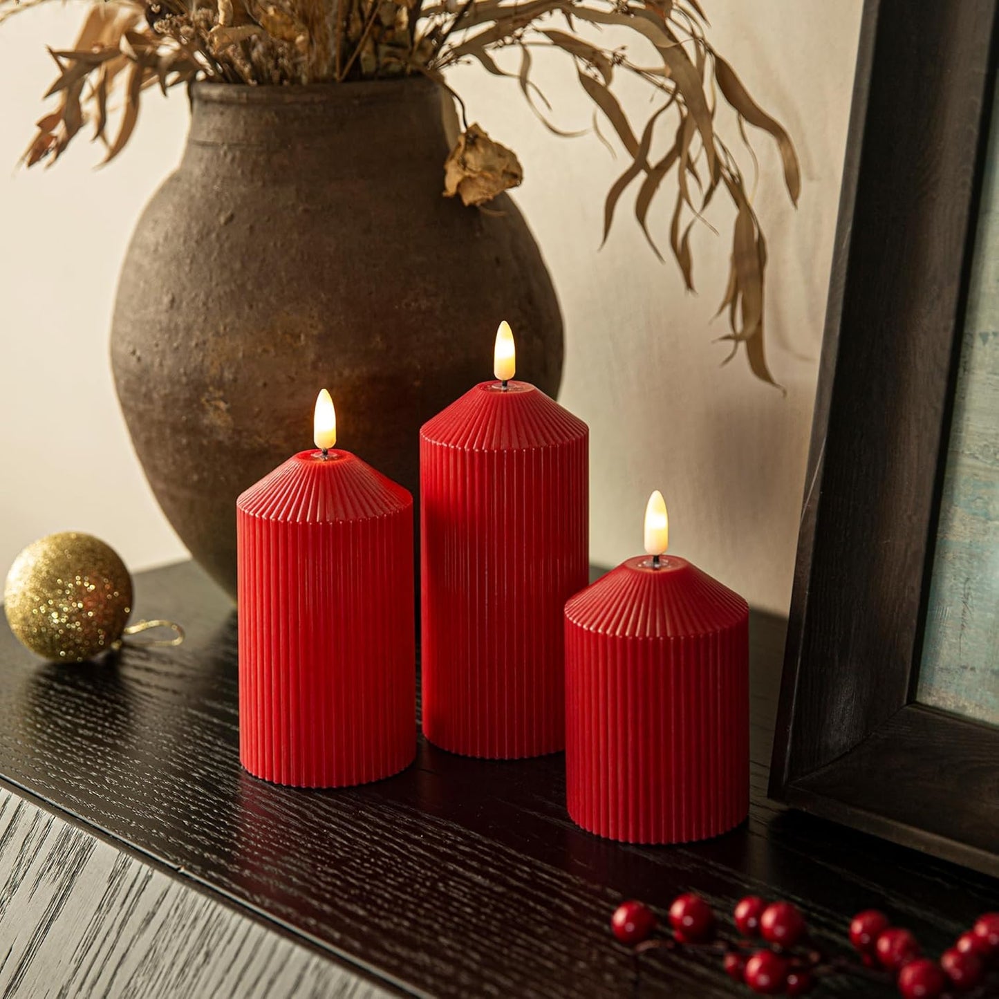 Flameless Candles with Remote, Battery Operated Candles Real Wax LED Fake Pillar Candles with Timer Flickering Flame for Wedding Home Party, Set of 3 Red