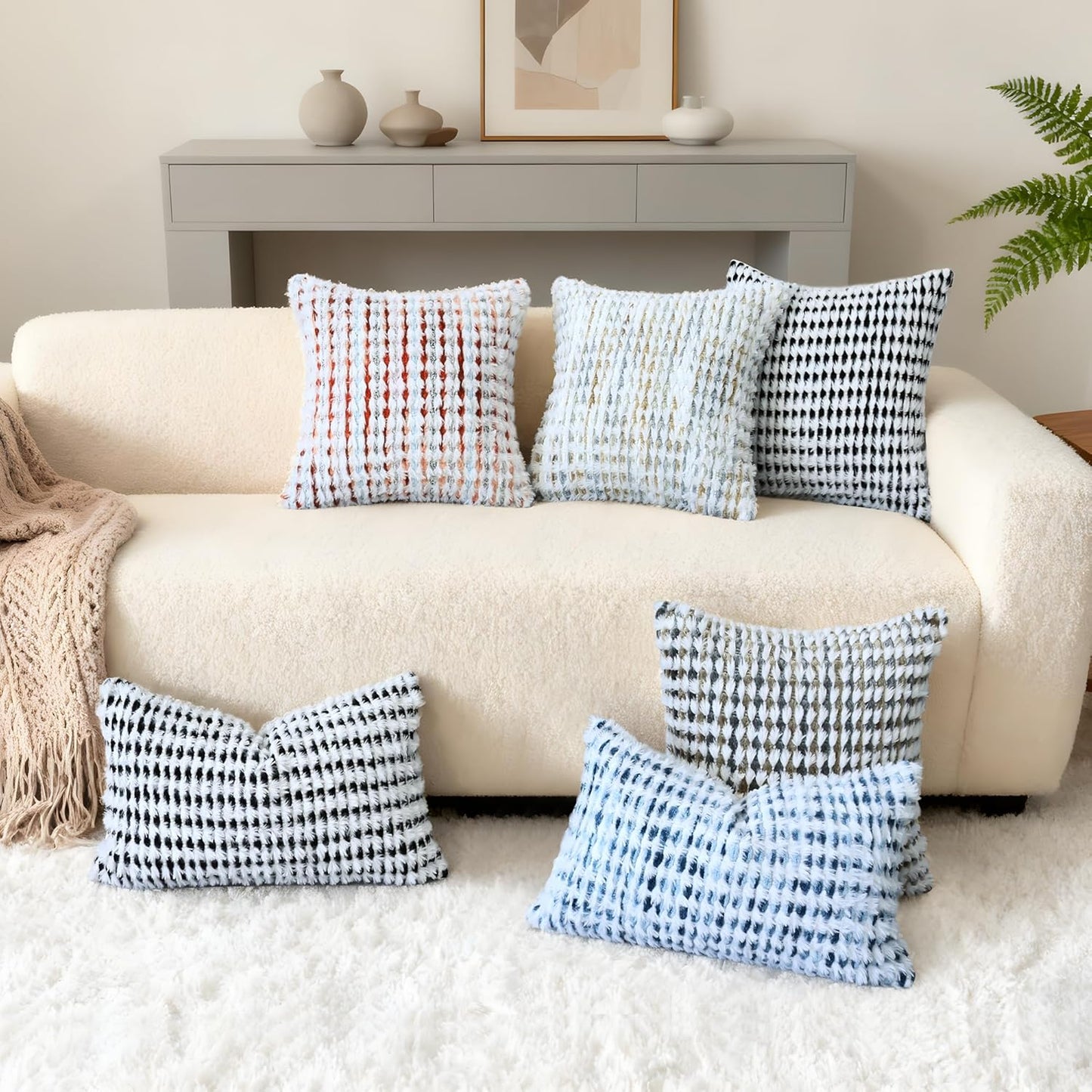 Boho Chenille Tufted Pillow Cover 18x18 Inch Set of 1, Farmhouse Striped Decorative Pillow Covers Accent Fluffy Neutral Square Pillowcases for Couch Sofa Bedroom Living Room, Black White