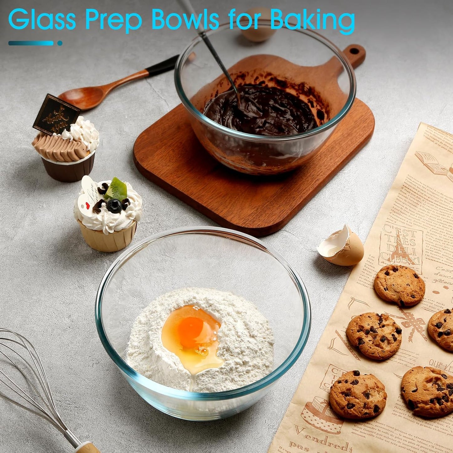 NUTRIUPS 50oz Deep Glass Mixing Bowls 7inch Glass Salad Bowl Clear Prep Bowls for Kitchen, Set of 2