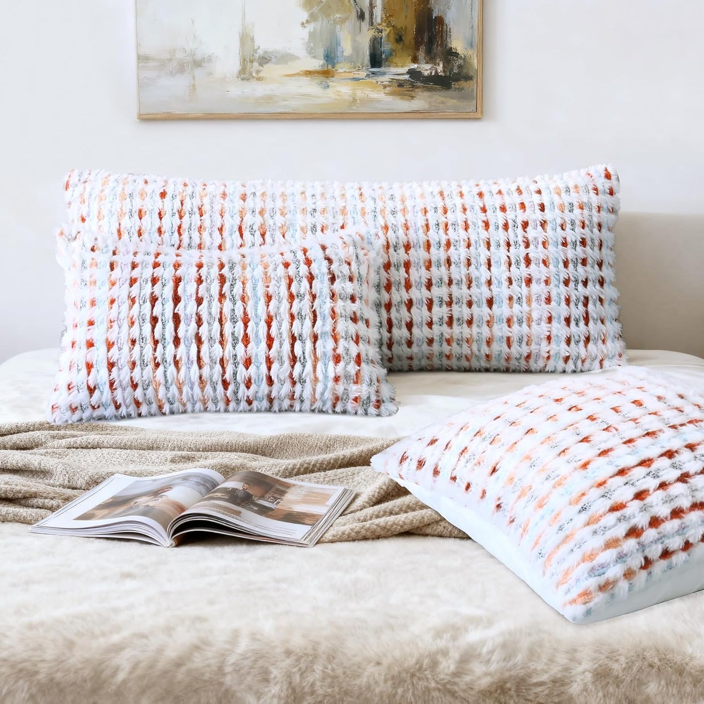 Boho Chenille Tufted Pillow Cover 14x36 Inch Set of 1, Farmhouse Striped Decorative Pillow Covers Accent Fluffy Neutral Long Body Bolster Pillow for Couch Sofa Bedroom Living Room, Orange