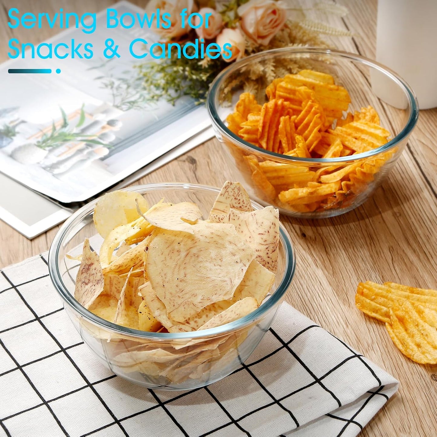 NUTRIUPS 30oz Small Glass Mixing Bowls Borosilicate 6.1in Glass Salad Bowl Clear Prep Bowls for Bread, Set of 2