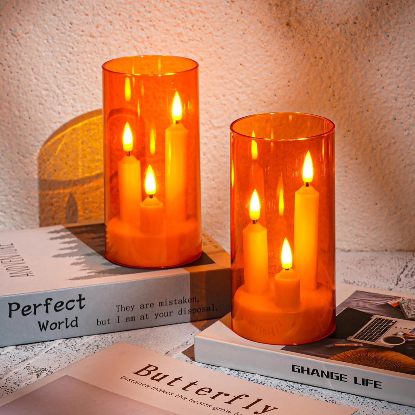 Da by Flameless Candle, Battery-Powered Candle with Remote Control and Timer, LED Three-Wick Pillar Candle, Romantic Wedding, Perfect Home Décor, 2 Pack (Orange)