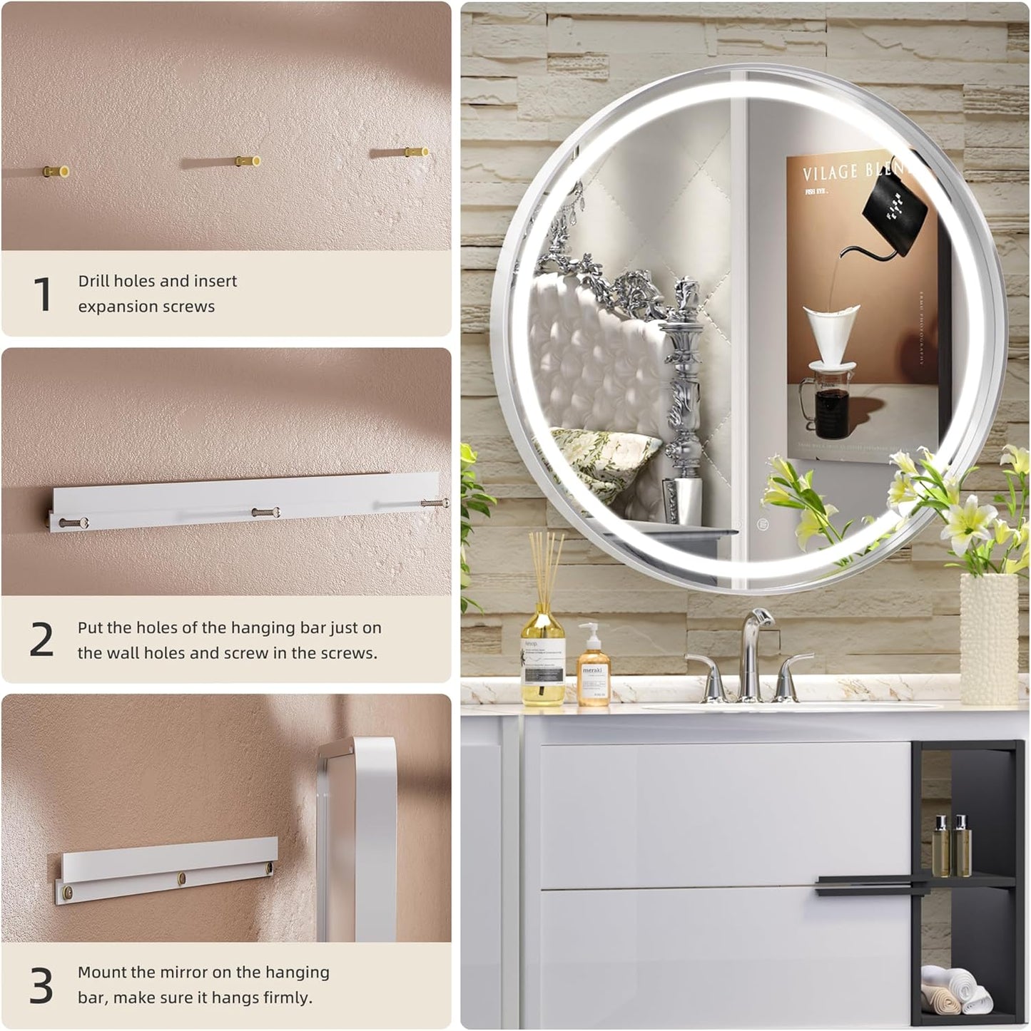 Hasipu 24 Inch Round LED Mirror for Bathroom with Lights, Silver Circular Vanity Mirror for Wall, Metal Framed Frontlit Bathroom Mirrors Anti-Fog, Dimmable, 3 Colors Makeup Shaving Mirror Wall Mounted