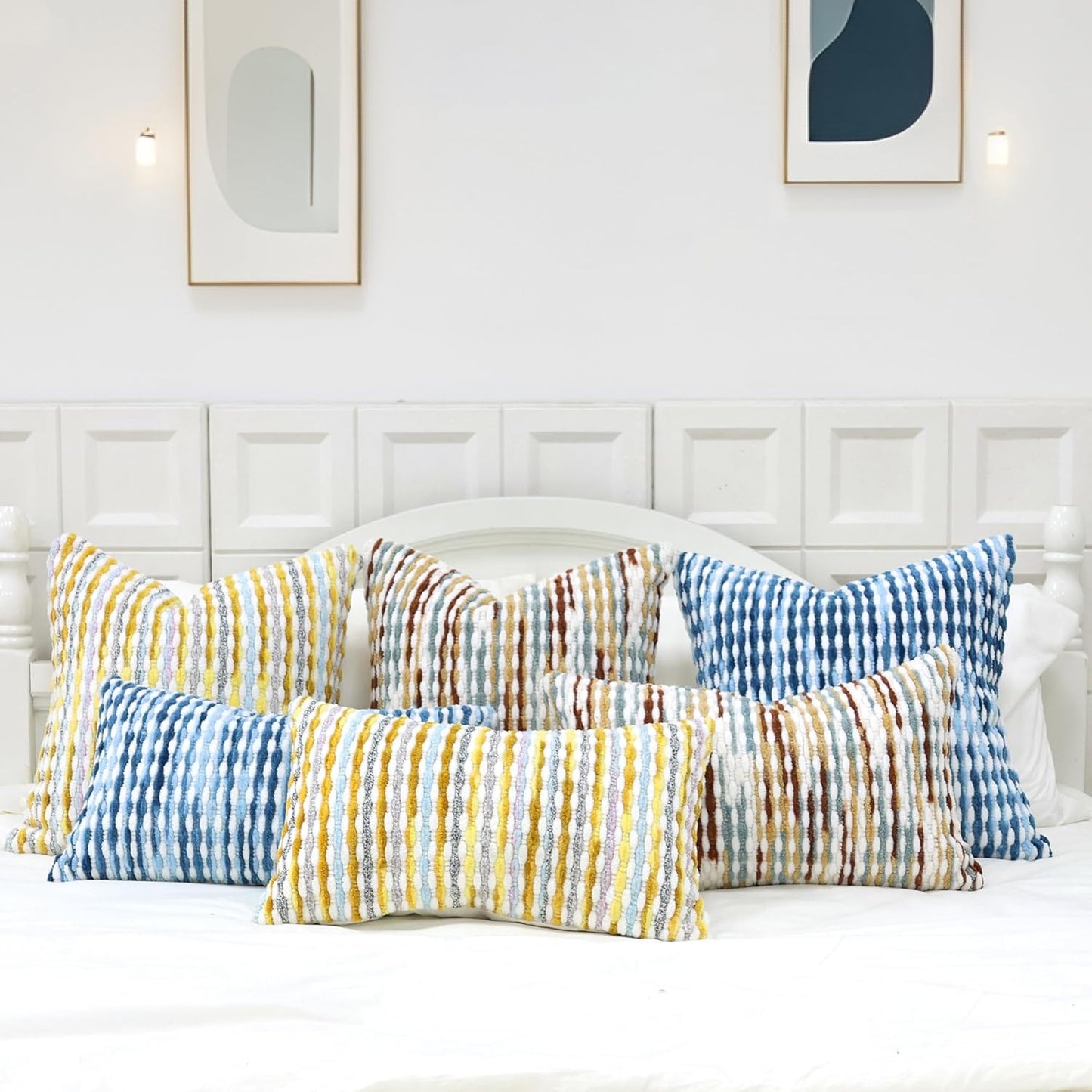 Boho Decorative Throw Pillow Covers 18x18 Inch, Chenille Tufted Pillow Cover Striped Textured Square Farmhouse Accent Pillowcase for Couch Sofa Bedroom Living Room, Blue White Stripe, 2 Pack