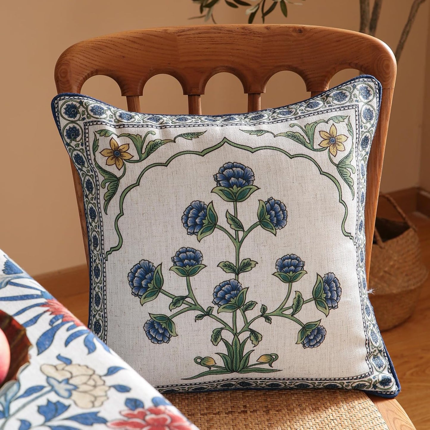 patdrea Designer Throw Pillow Covers Set of 2,Blue Euro Elegant Linen with Blooming Floral Pattern Pillow Cover,Decorative Square Pillowcases Cushion for Bed Living Room Outdoor Car,18"x18"