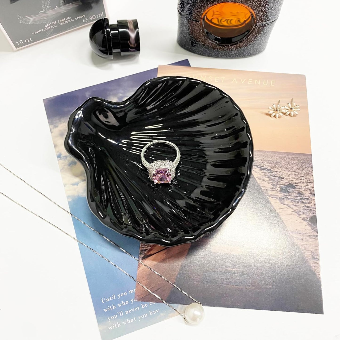 Shell Shape Ring Holder Dish, Seashell Jewelry Dish Tray, Ceramic Trinket Tray for Rings Earrings Necklaces Bracelet, Birthday for Mom Friend Sister, 3.9", Black