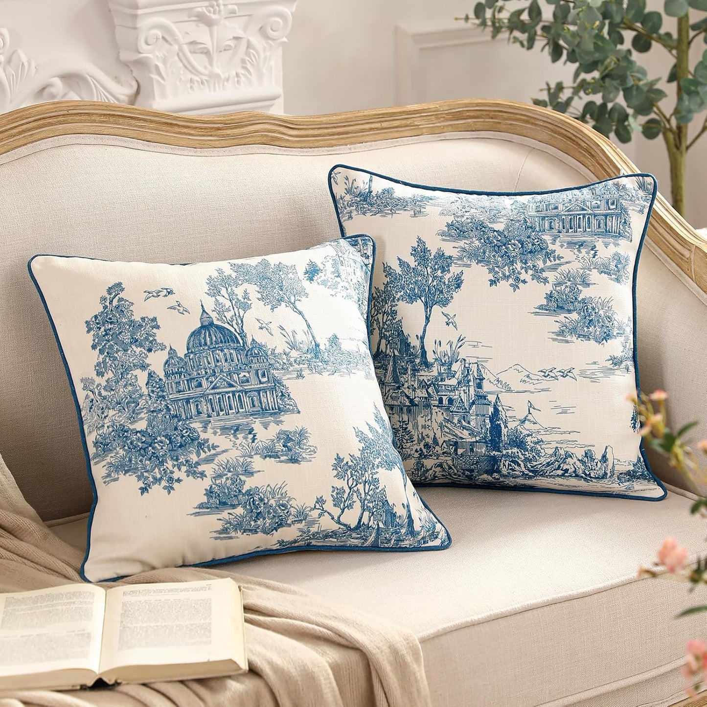 patdrea Designer Square Throw Pillow Covers Set of 2,Rustic Linen with Chinoiserie Blue Scenery Pattern Pillows Cover,Decorative Pillowcases Cushion for Bed Living Room Outdoor Car,18 x18 Inches