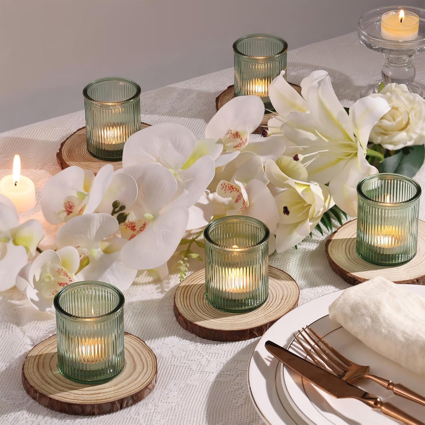 32Pcs Ribbed Green Votive Candle Holders, Tea Light Candle Holders Glass for Table Centerpiece, Green Candle Holders for Wedding, Bridal Shower and Tea Party Decorations