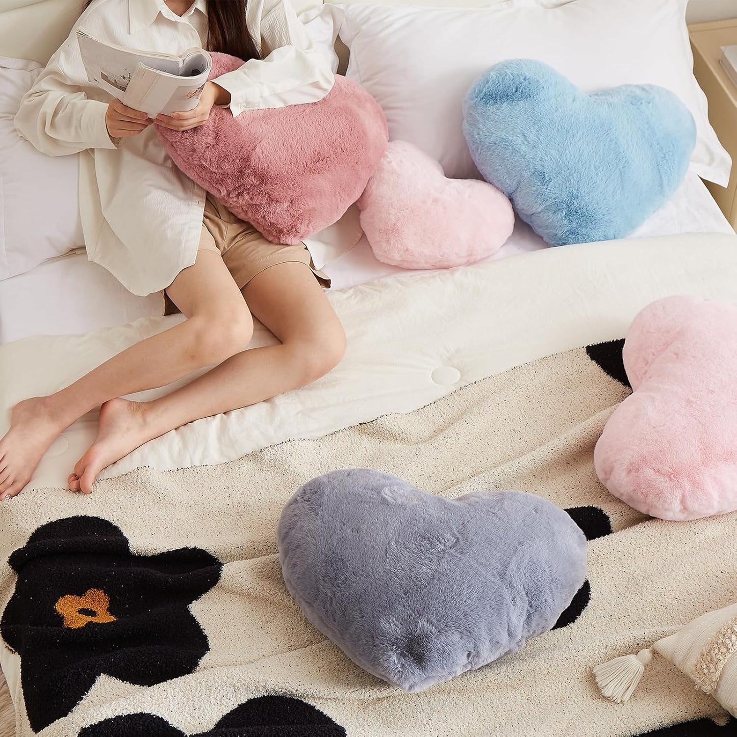 YRXRUS Heart Pillows, Love Heart Shaped Pillow, Small Cute Grey Heart Pillows for Gifts, Faux Rabbit Throw Pillows for Her, Kids, Girls Home Decoration, 10X11 Inch