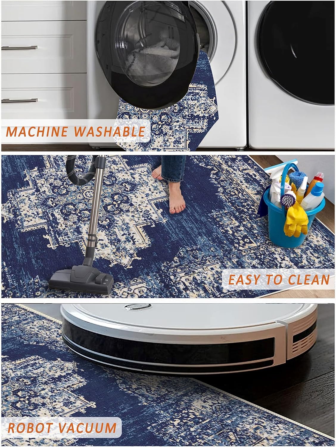 vivorug 5x7 Area Rugs - Ultra-Thin Washable Rug with Non-Slip Backing, Ideal for Living Room, Bedroom, Kitchen Floor Carpet - Vintage, Easy Clean, Durable, Navy Blue