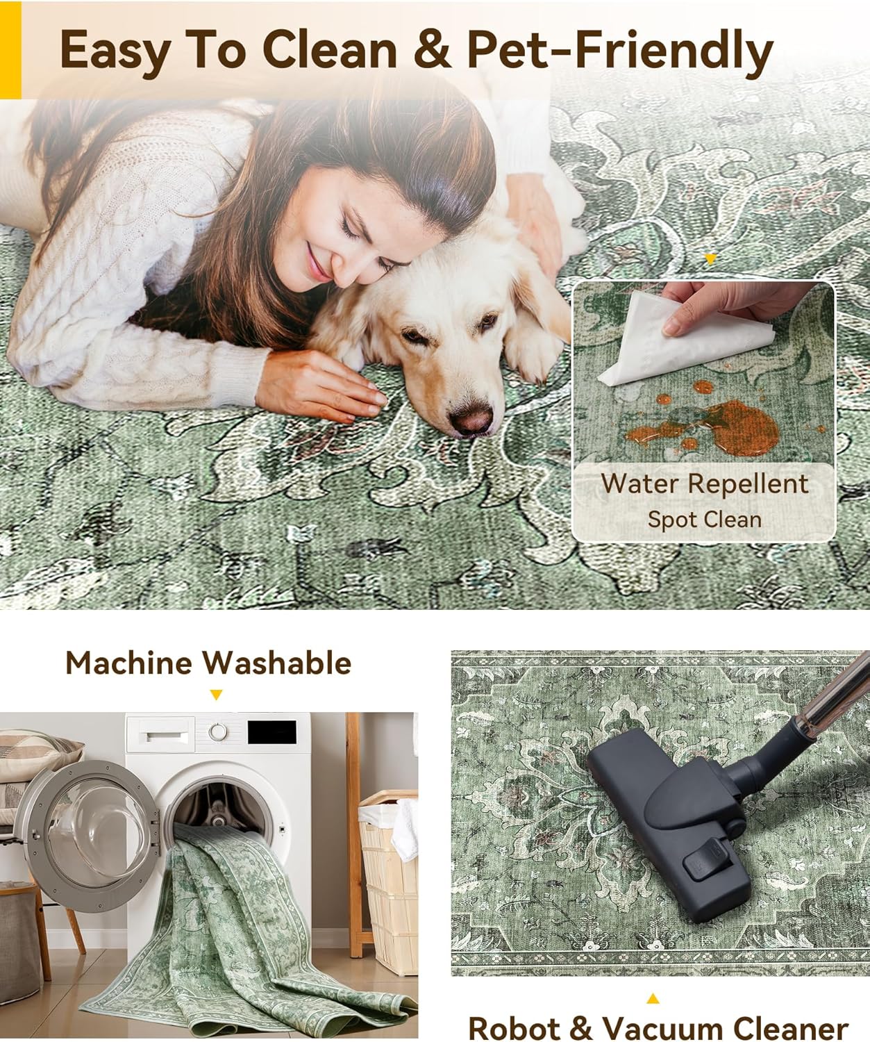 Area Rugs 2'x6' Washable Non-Slip, Floral Vintage Distress Print Pattern Medallion Carpet for Living Room Bedroom Dining Room, Dark Green Gray