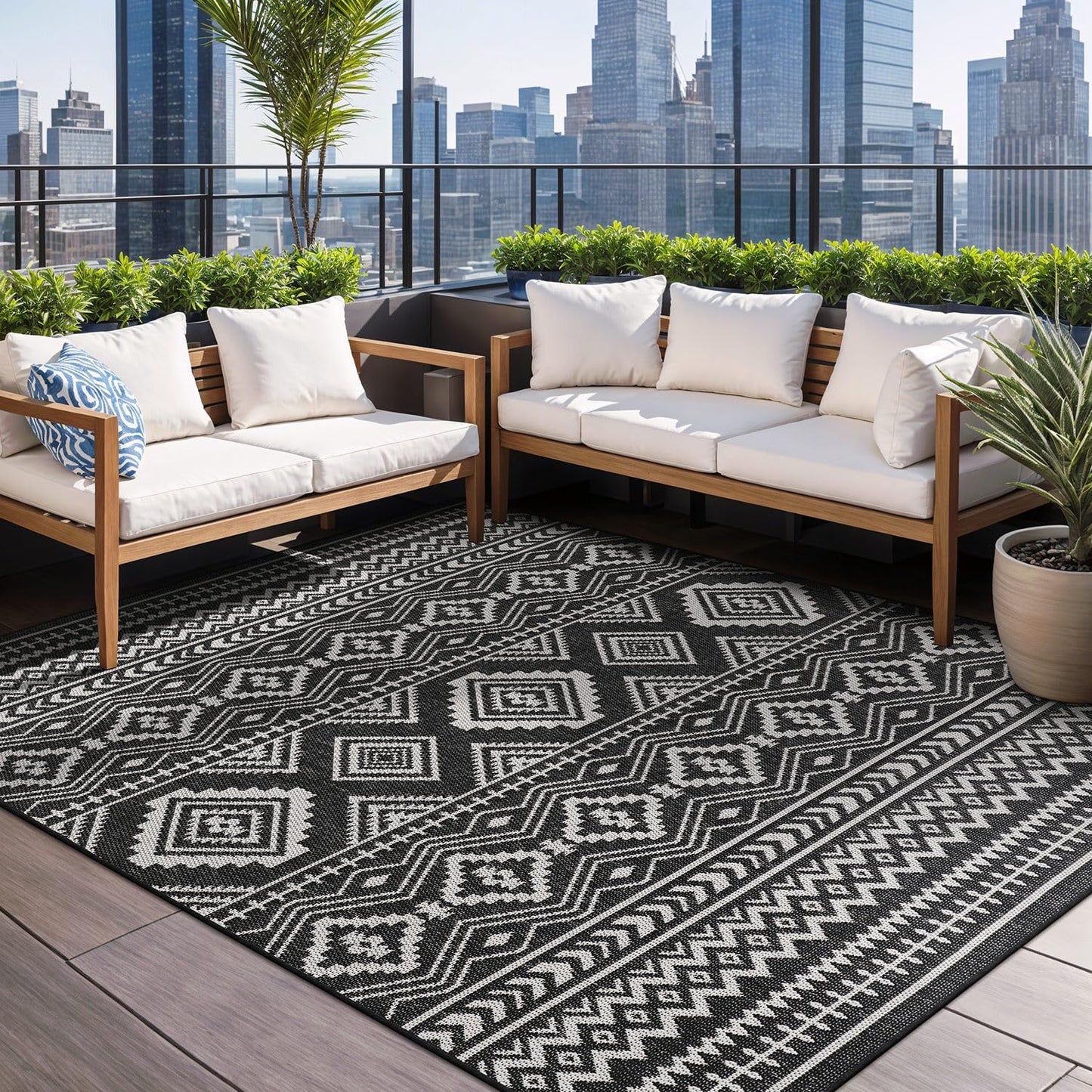 Beverly Rug Waikiki Boho Indoor Outdoor Rug 9x12, Washable Outside Carpet for Patio, Deck, Porch, Bohemian Area Rug, Farmhouse Rugs, Aztec Tribal Rug, Black and White