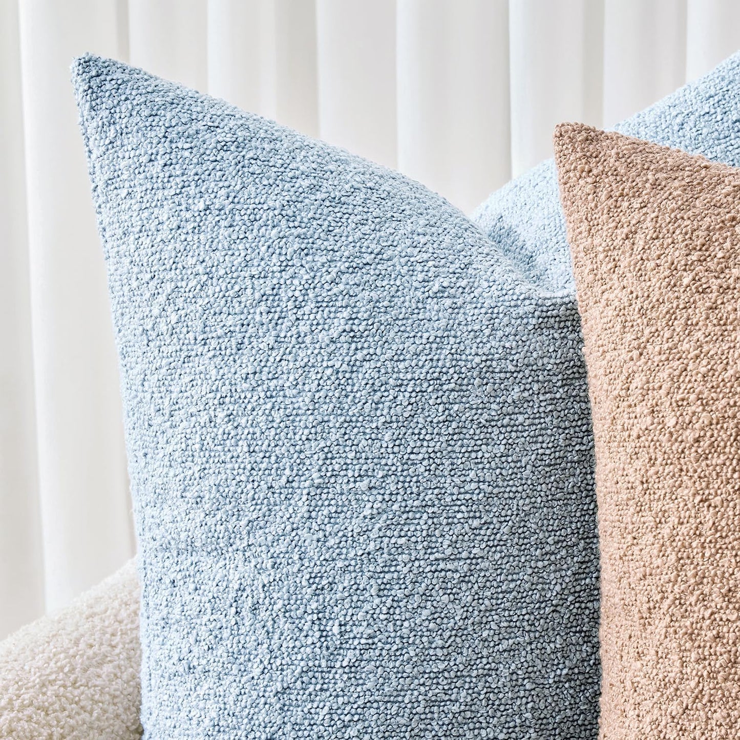 Woaboy Pack of 2 20x20 Inch Decorative Boucle Throw Pillow Covers Textured Square Pillowcaes Accent Solid Cozy Soft Cushion Covers Home Decor for Sofa Couch Living Room Home Decor,Coastal Light Blue