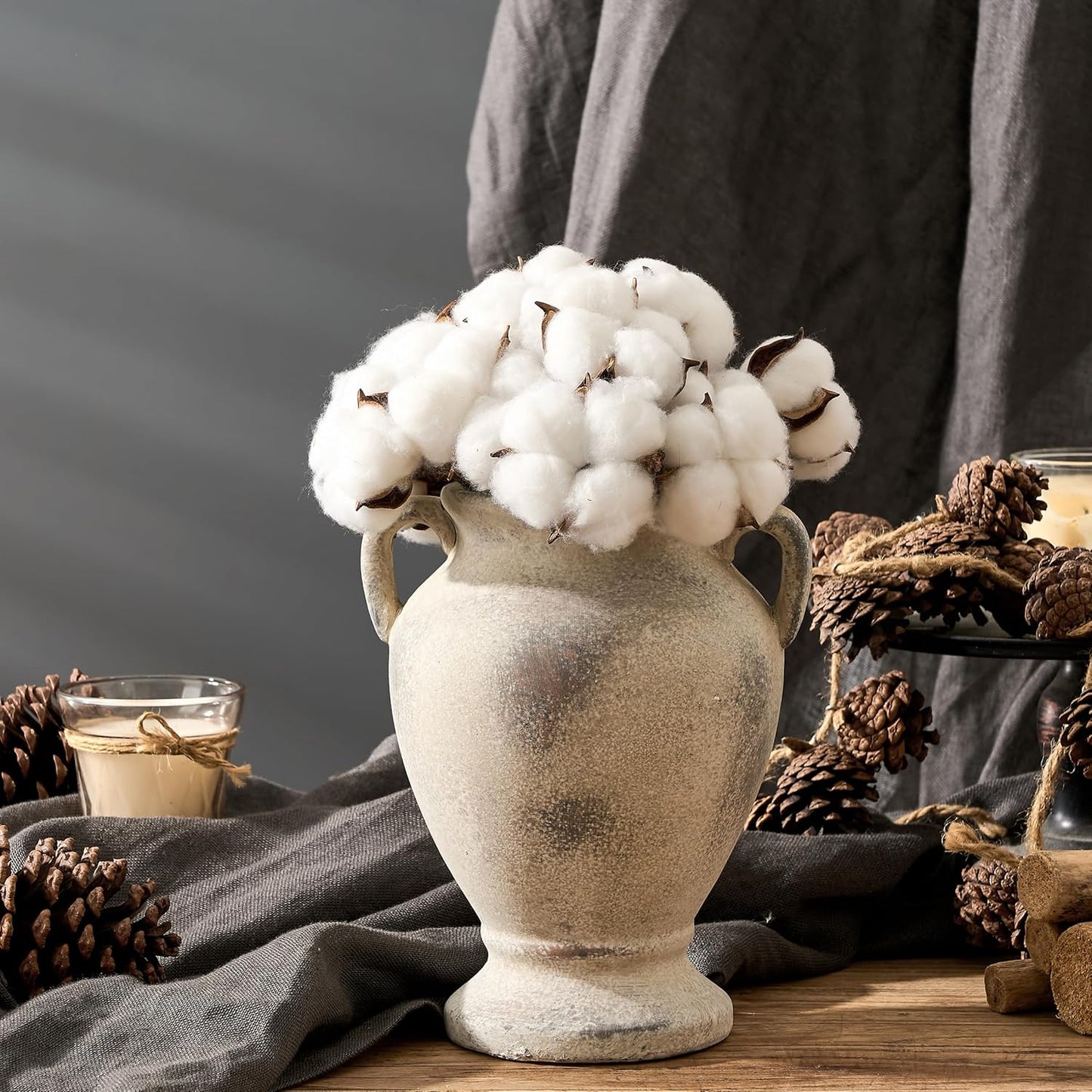 Ceramic Rustic Flower Vase with Handles, 8.46 Inch Tall Vintage Pottery Home Decor, Farmhouse Terracotta Vase for Living Room, Table, Shelf, Mantel Decoration, Farmhouse- Brown