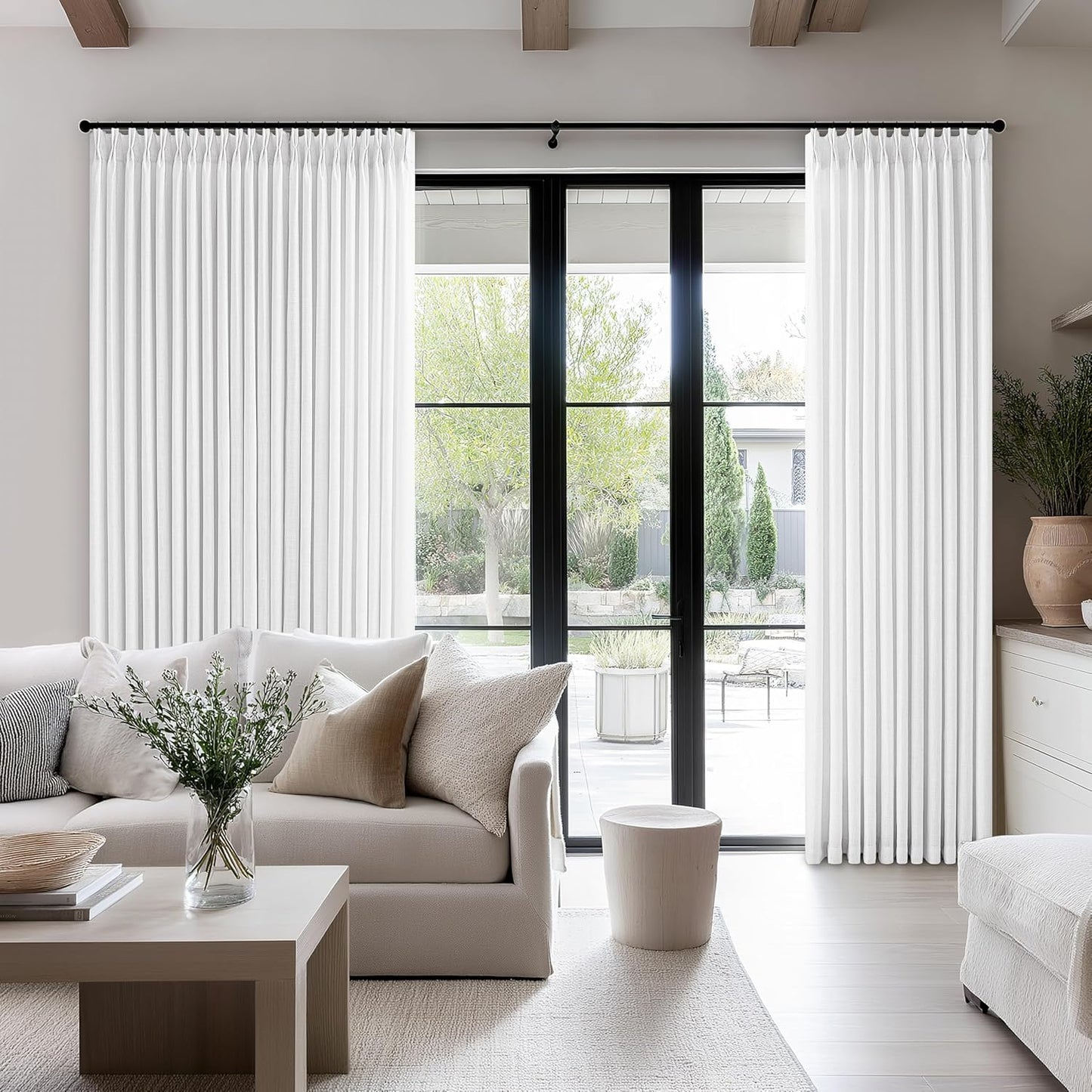 White Linen Semi Sheer Pleated Curtains 120 Inches Long 70 Inch Wide Patio Sliding Door Curtains Light Filtering Semi Sheer Pinch Pleat Drapes Extra Wide 70x120 Drapes for Living Dining Room 1 Panel