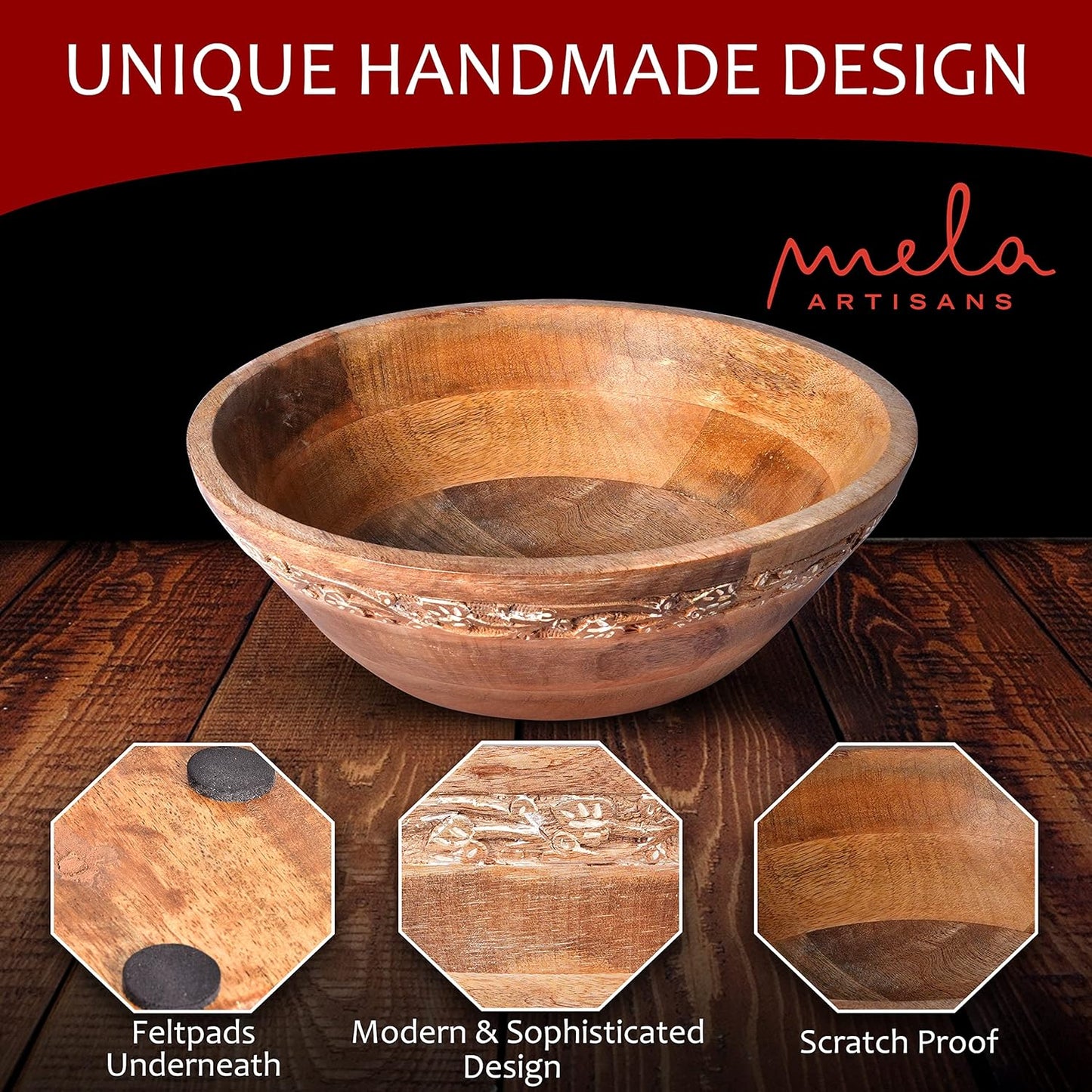 Mela Artisans Wooden Fruit Bowl – Whitewash Finish | Large 12” Mango Wood Serving Bowl with Felt Pads | Decorative bowl | Multipurpose Countertop Bowl for Breads | Salad | Fruit & More