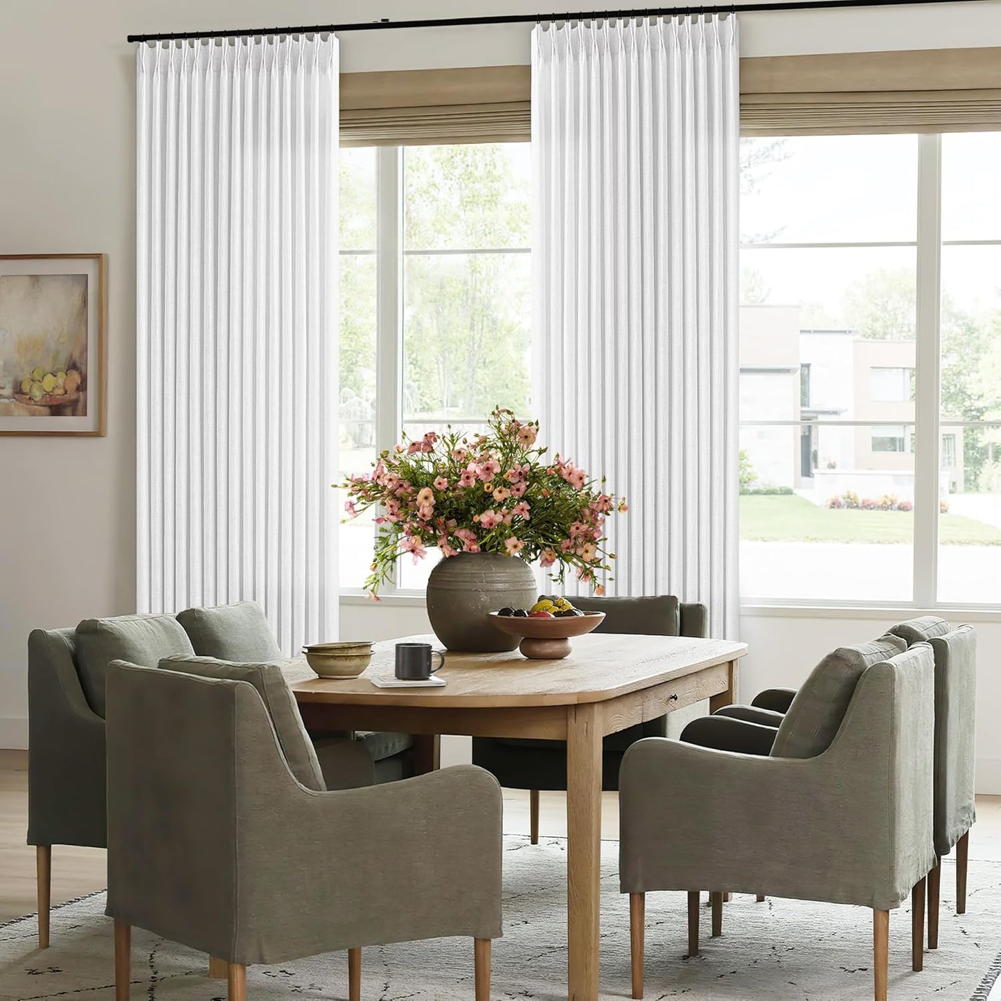 Extra Wide White Linen Curtain 96 Inches Long 70 Inch Wide for Living Dining Room Semi Sheer Pinch Pleated Drapes Patio Sliding Glass Door Hooks Rings Non See Through Privacy Curtain 70x96 1 Panel