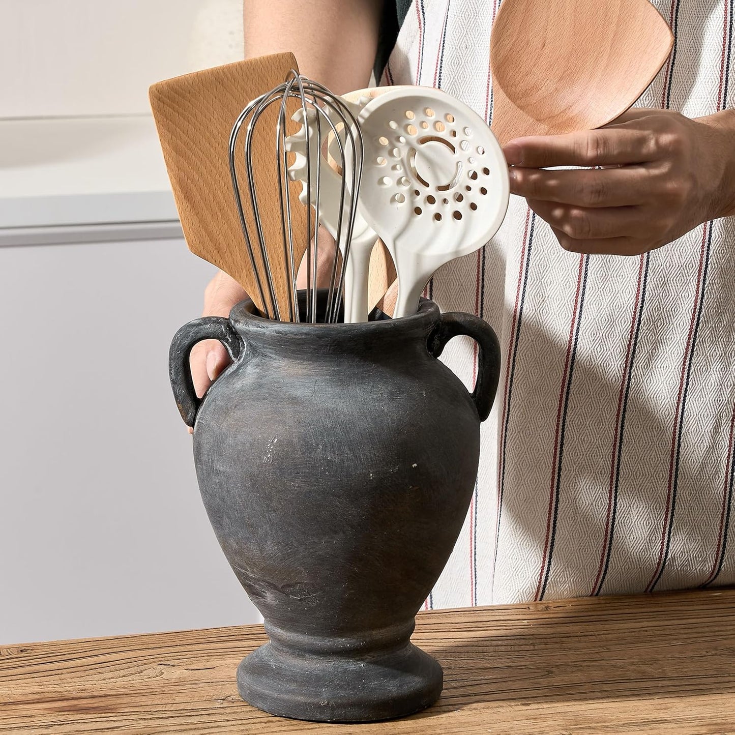 Ceramic Rustic Flower Vase with Handles, 8.36 Inch Tall Vintage Pottery Home Decor, Farmhouse Terracotta Vase for Living Room, Table, Shelf, Mantel Decoration, Farmhouse- Black