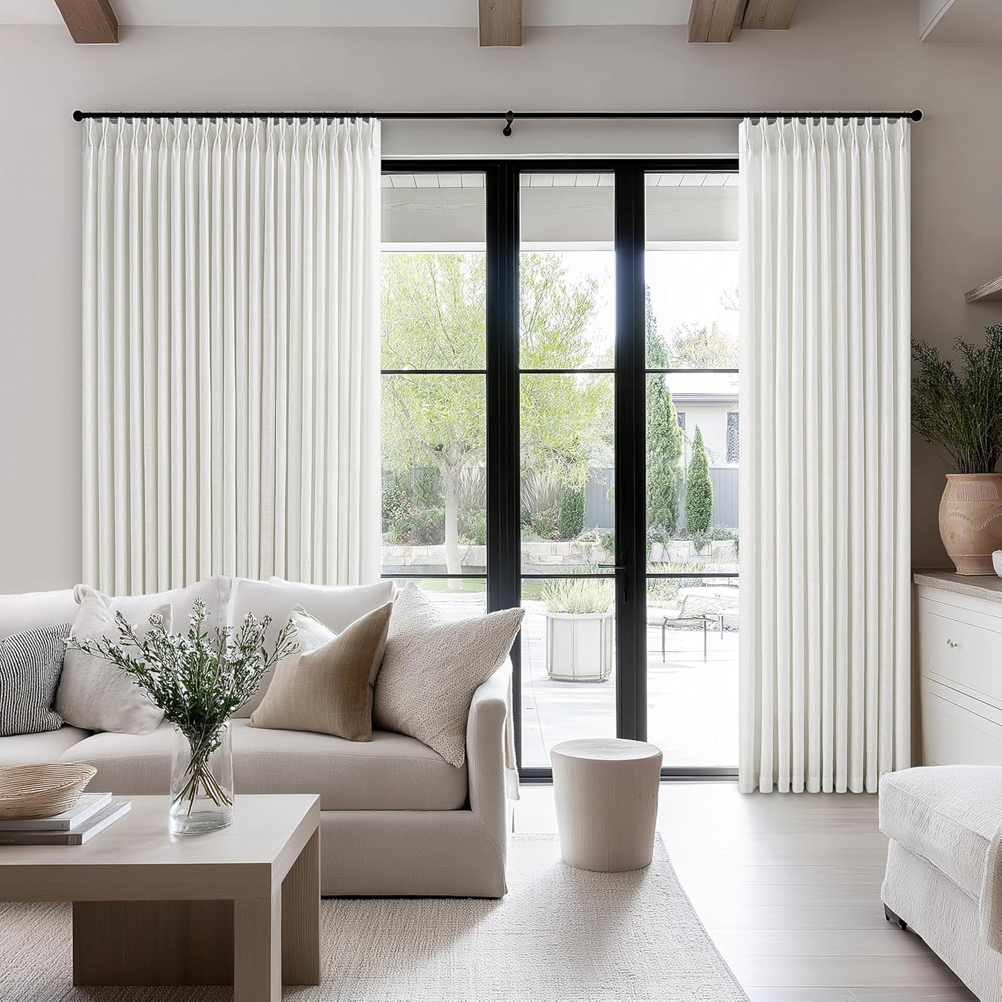 70x96 Pinch Pleated Extra Wide Curtain Panels 96 Inches Long 70 Wide Linen Curtain for Patio Sliding Glass Door Semi Sheer Beige White Hooks Rings Privacy 96 Inch Length for Living Room 1 Panel