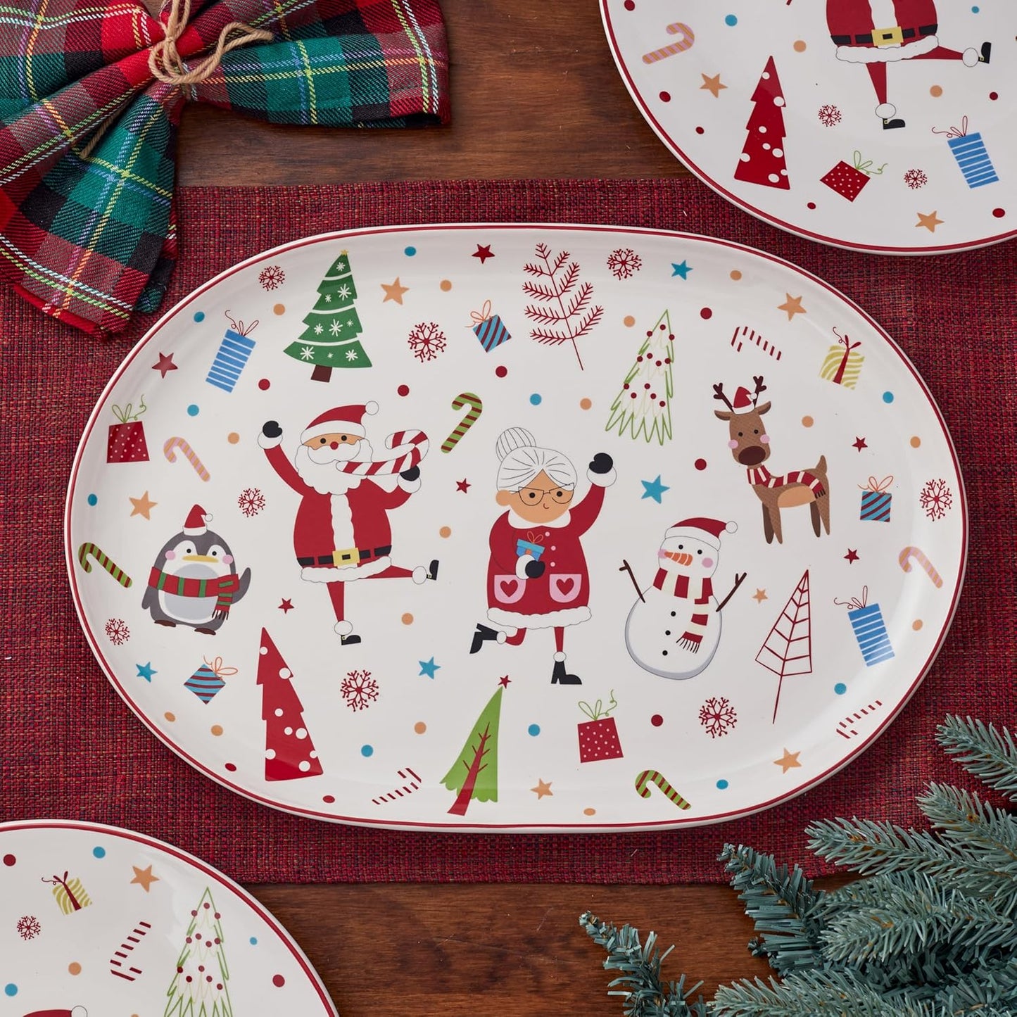 Bico Christmas Merry Crew Ceramic 16 inch plus 12 inch Ceramic Oval Platter, Set of 2, for Serving Turkey, Steak, Salad, Microwave & Dishwasher Safe