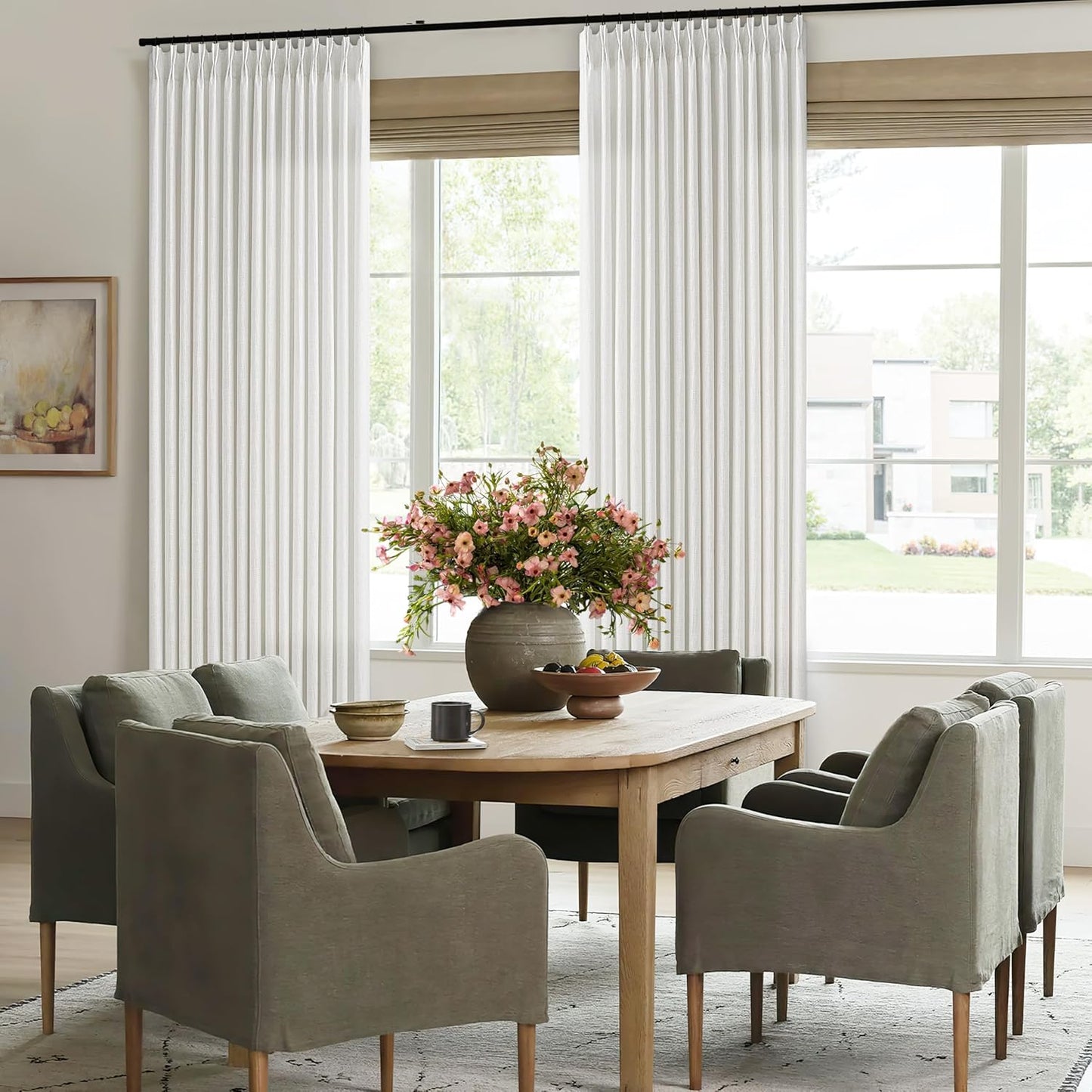 Pinch Pleated Extra Wide Linen Curtains 84 Inches Long for Patio Sliding Glass Door 60 Inch Wide Pleated Drapes with Hooks Rings Neutral Semi Sheer 60x84 Curtain for Living Room 1 Panel Ivory Birch