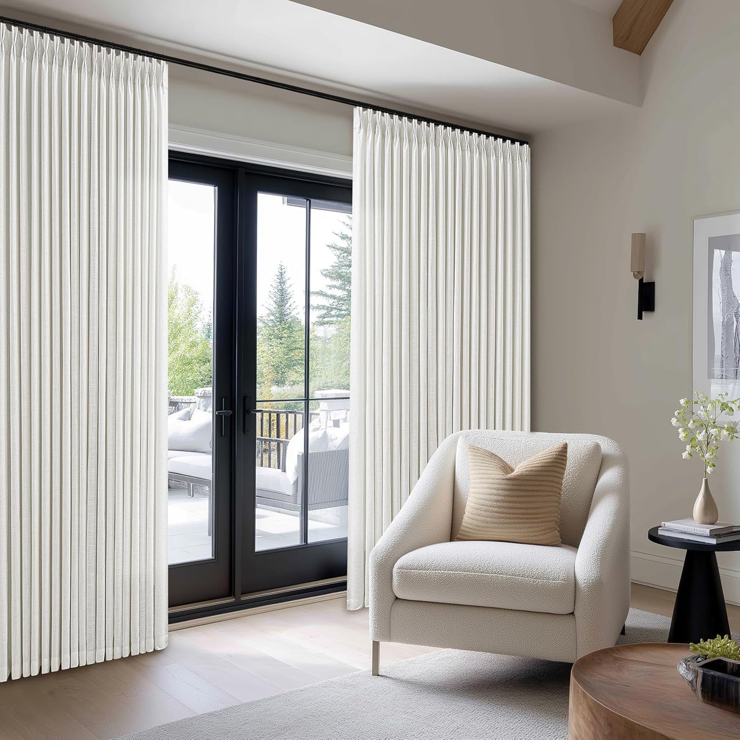 Extra Wide Pinch Pleat Linen Curtains 120 Inches Long for Living Room Sliding Glass Door 70 Inch Wide Curtain Non See Through Ivory Boho Pleated Drape Hooks Rings 70x120 Large Window Curtain 1 Panel