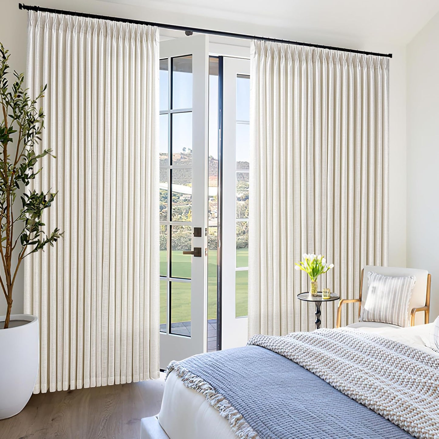 Pinch Pleated 84 Inch Wide Curtain 90 Inches Long Cream Ivory Beige Linen Curtain Drapes for Patio Sliding Glass Door with Hooks Rings Privacy 84 x 90 Inch Length Drapes Living Dining Room 1 Panel