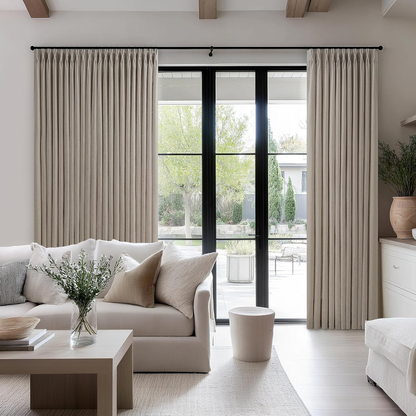 Taupe Pleated Linen Curtains 120 Inches Long 70 Inch Width Extra Wide for Living Room Bedroom Semi Sheer 120 Inch Length Back Tab Hooks Rings Pinch Pleat Greige Curtains for Patio Glass Door 1 Panel