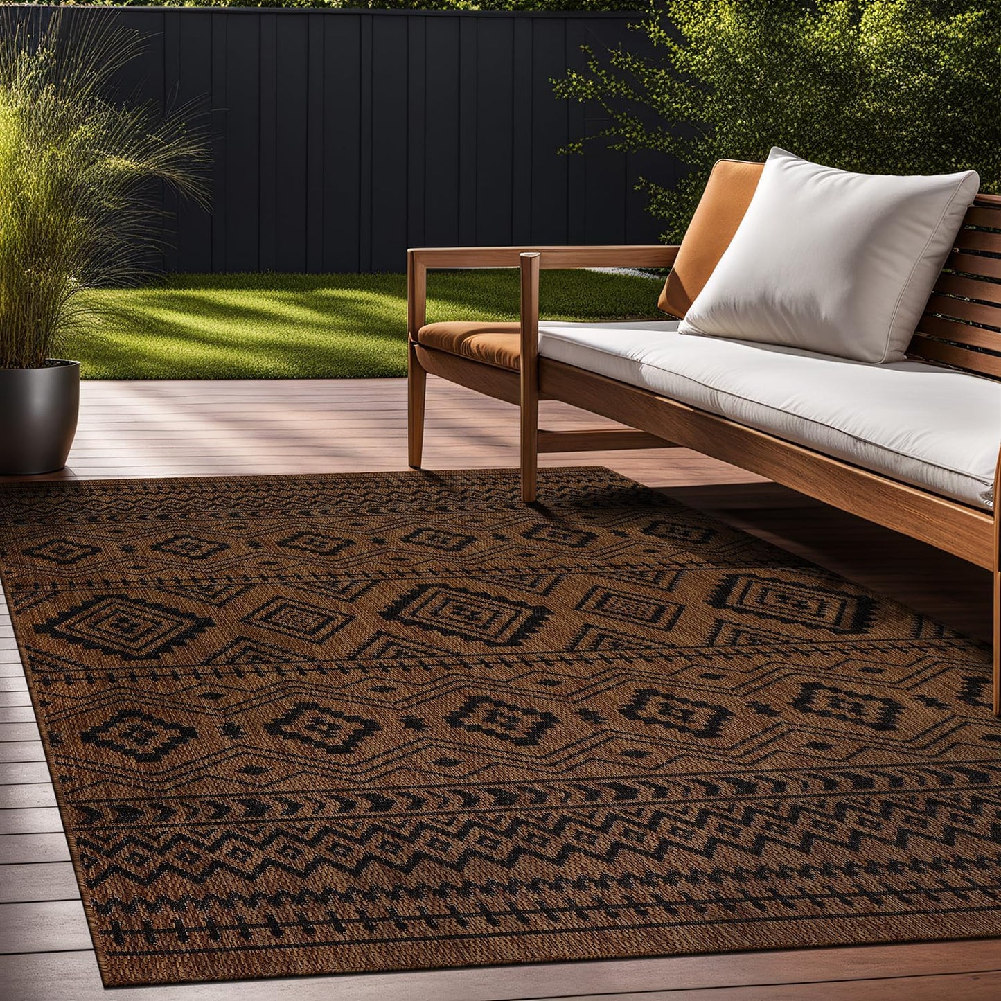 Beverly Rug Waikiki Boho Indoor Outdoor Rug 10x14, Washable Outside Carpet for Patio, Deck, Porch, Bohemian Area Rug, Farmhouse Rugs, Aztec Tribal Rug, Nut Brown and Black