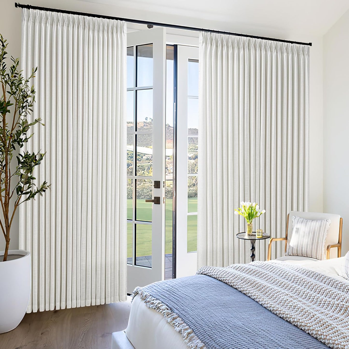 Beige White 100 Inch Wide Curtains 96 Inches Long for Living Room Light Filtering Semi Sheer Farmhouse Pleated Curtain with Hooks Rings for Patio Sliding Door Dining Room Large Window 1 Panel 100x96