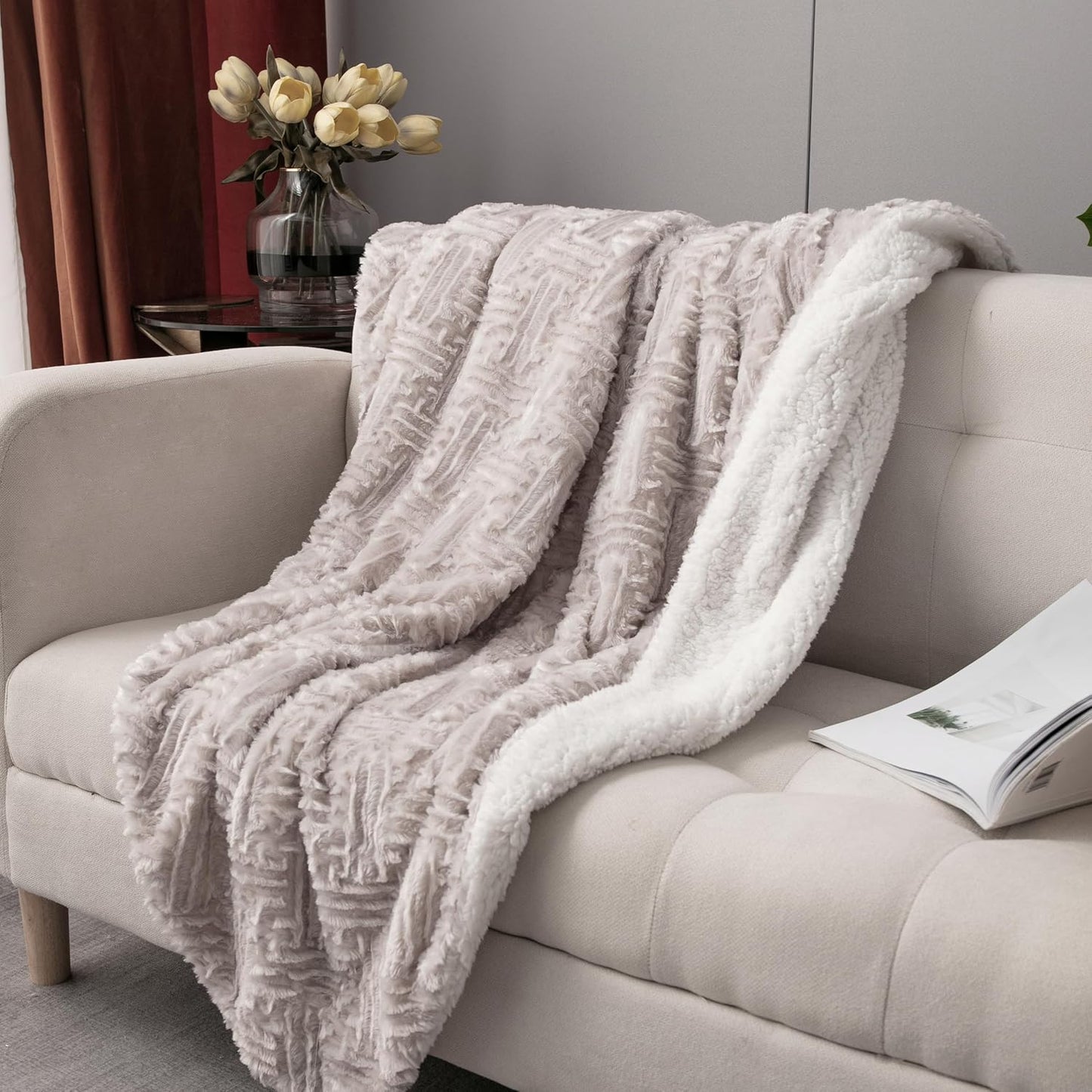 DaDa Bedding Lavender Grey Pearl Faux Fur Throw Blanket - Dreamy Geometric Embossed Sherpa Backside - Super Soft Warm Cozy Plush Fluffy - 90" x 90"