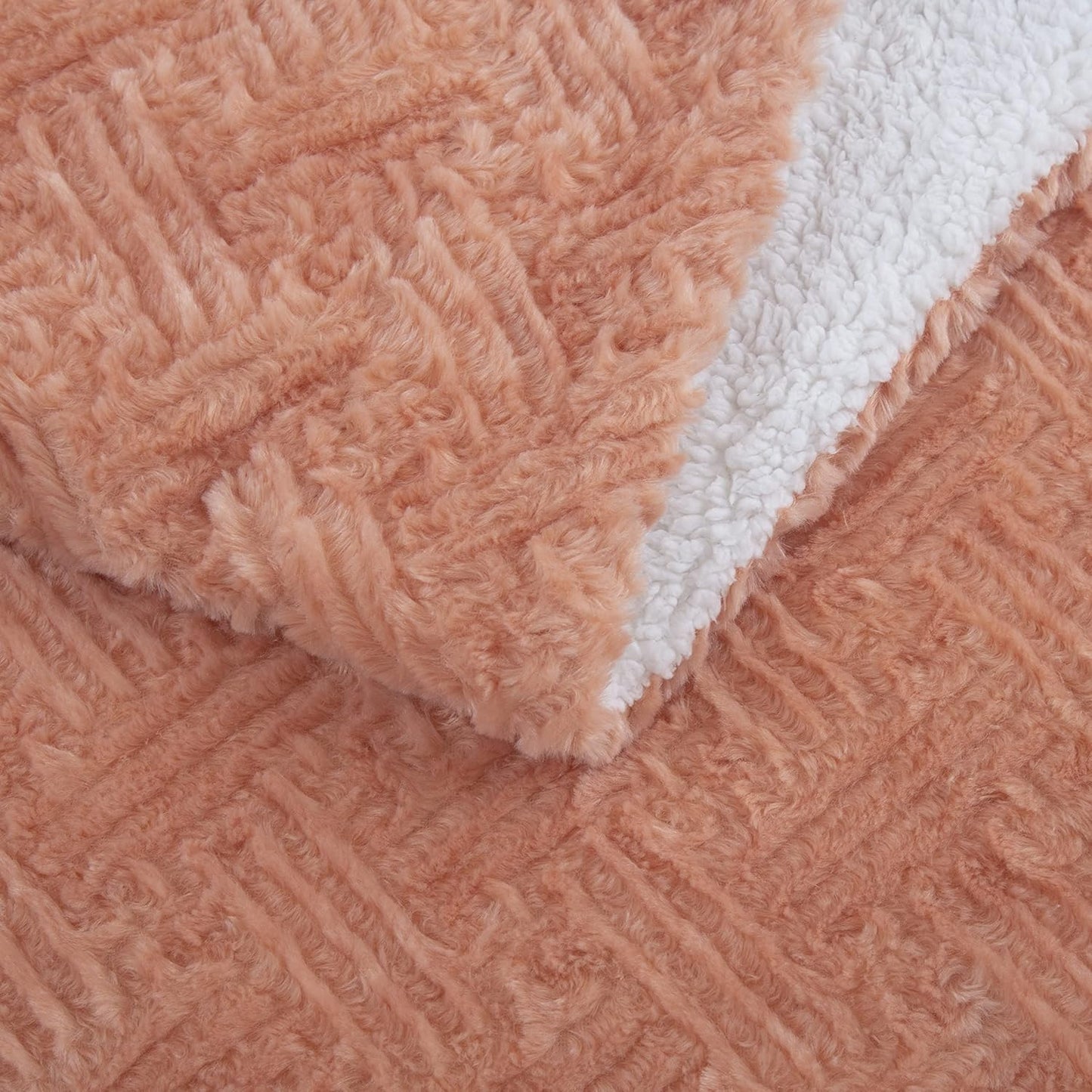DaDa Bedding Coral Pastel Peach Rose Faux Fur Throw Blanket - Dreamy Geometric Embossed Sherpa Backside - Super Soft Warm Cozy Plush Fluffy - 50" x 60"