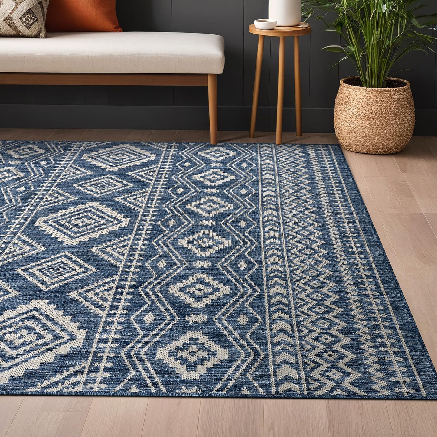 Beverly Rug Waikiki Boho Indoor Outdoor Rug 8x10, Washable Outside Carpet for Patio, Deck, Porch, Bohemian Area Rug, Farmhouse Rugs, Aztec Tribal Rug, Azure and White