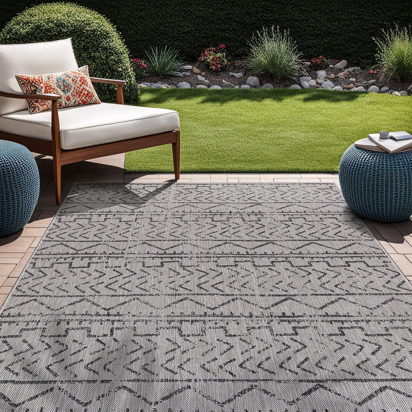Beverly Rug Waikiki Indoor Outdoor Rug 8x10, Washable Outside Carpet for Patio, Deck, Porch, Trellis Area Rug, Water Resistant, Dark Grey - Light Grey