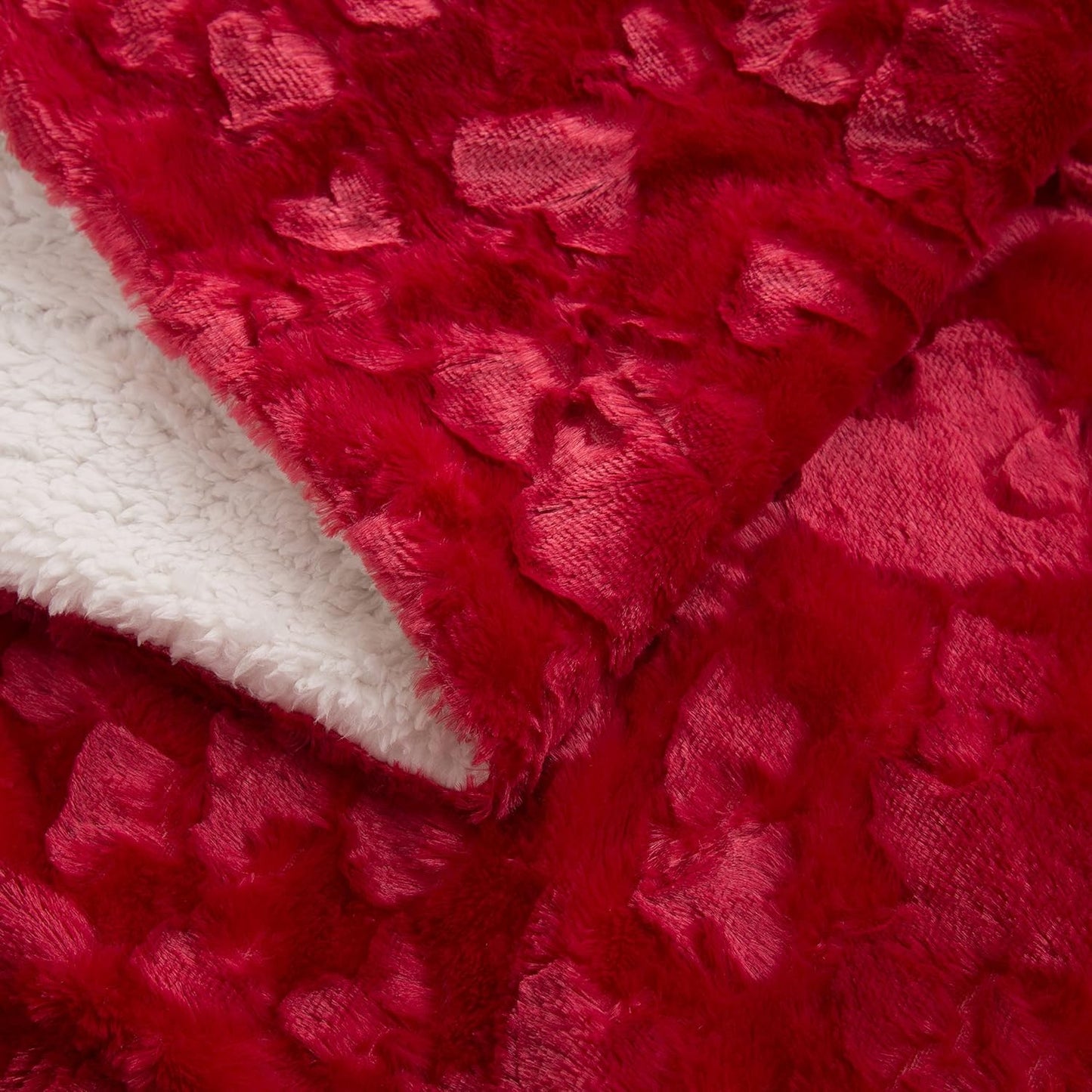 DaDa Bedding Valentine's Romantic Red Faux Fur Throw Blanket - Fluffy Lovely Hearts Plush Sherpa Backside Fleece for Lap or Sofa - Cuddly Gift for Her Embossed Solid Pomegranate Merlot - 50" x 60"