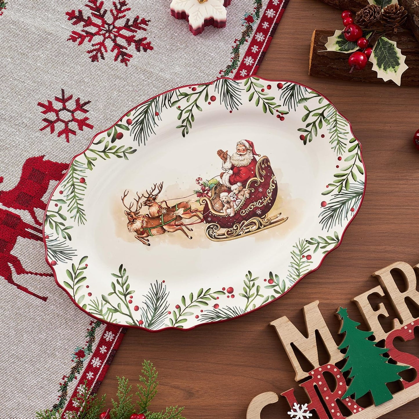 Bico Santa On The Way 16 plus 14 inch Scalloped Oval Platters Set, Set of 2, Microwave and Dishwasher Safe, for Serving Fish, Chicken, Turkey