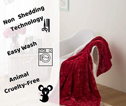 DaDa Bedding Valentine's Romantic Red Faux Fur Throw Blanket - Fluffy Lovely Hearts Plush Sherpa Backside Fleece for Lap or Sofa - Cuddly Gift for Her Embossed Solid Pomegranate Merlot - 50" x 60"