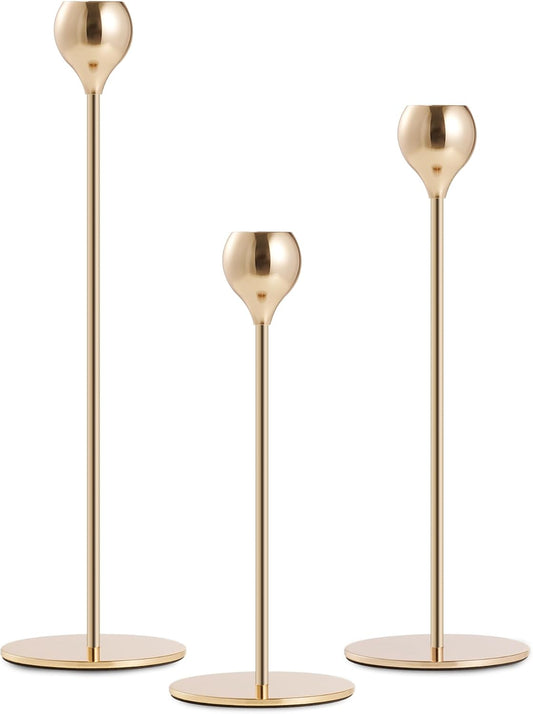 3PCS Taper Candle Holders Set, Gold Vintage Candlesticks for 3/4 and 7/8 Inch Candles with Wedding Dining Table Centerpiece Decor and Fireplace Mantel Housewarming Gift (9567-Y)