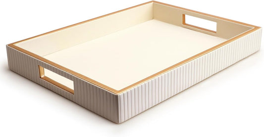 SANZIE Leather Tray Desktop Storage Organizer Premium Serving Tray Decorative Tray Valet Tray for Sundries Cosmetics Phone Wallet Cutlery (White Platter)
