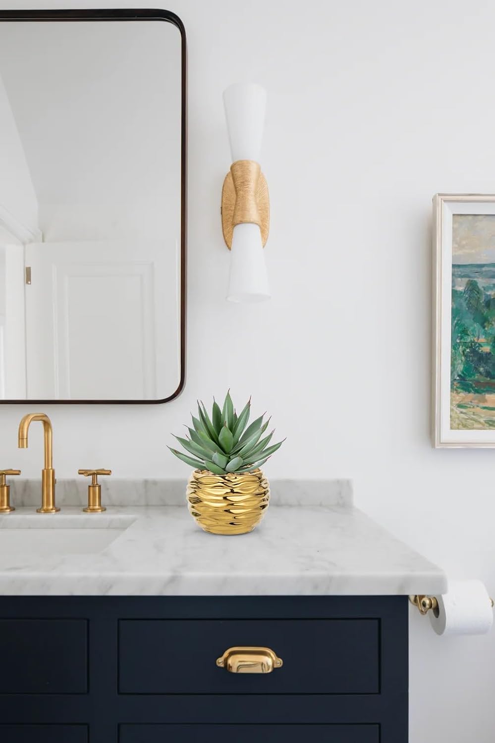 Briful Artificial Frosted Aloe Plant in Gold Ceramic Pot – 8.3” Tall Faux Succulent Agave with Decorative Pebbles – Realistic Indoor Decor for Office, Shelf, Desk, Living Room