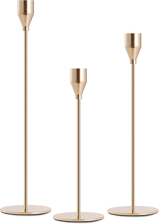 3PCS Taper Candle Holders Set, Gold Vintage Candlesticks for 3/4 and 7/8 Inch Candles with Wedding Dining Table Centerpiece Decor and Fireplace Mantel Housewarming Gift (9567-1)