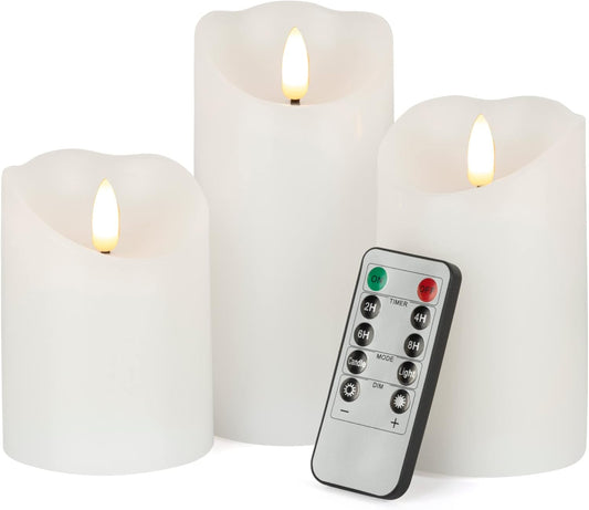 Flameless Candles with Remote, Battery Operated Wax LED Flickering Candles - Set of 3 (White) with Timer for Home Decor, Perfect for Christmas Party White
