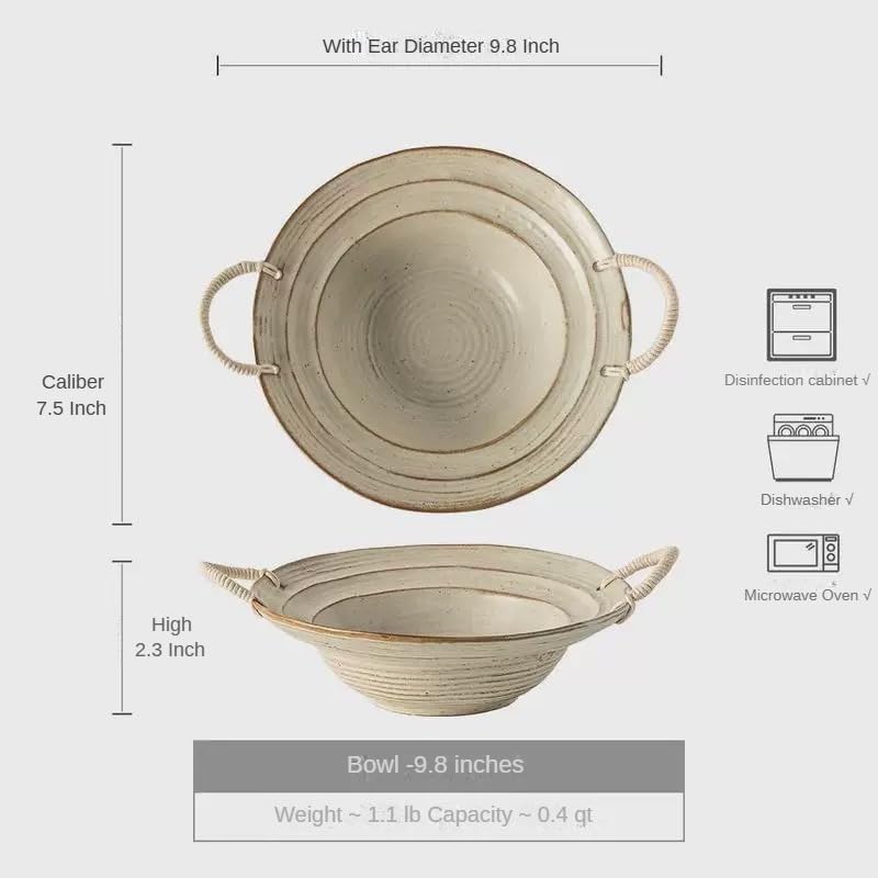 Vintage Distressed Ceramic Serving Bowl with Rope Handles, 7.5 Inch Rustic Decorative Bowl for Fruits and Pasta, Vintage White