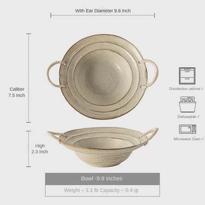Vintage Distressed Ceramic Serving Bowl with Rope Handles, 7.5 Inch Rustic Decorative Bowl for Fruits and Pasta, Vintage White