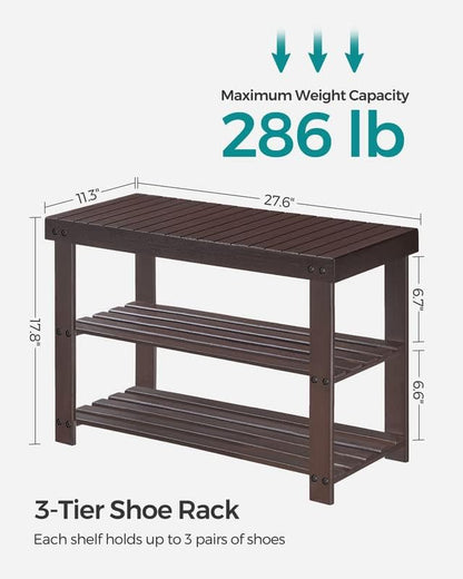 SONGMICS Shoe Rack Bench, 3-Tier Bamboo Shoe Storage Organizer, Entryway Bench, Holds Up to 286 lb, 11.3 x 27.6 x 17.8 Inches, for Entryway Bathroom Bedroom, Brown ULBS04Z